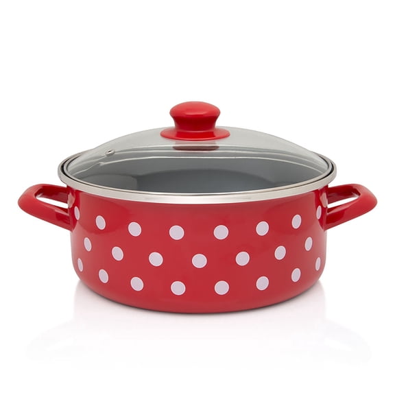 METALAC Polka Dot Enamel Stockpot with Glass Lid 5 Qt (4.7 L) Enameled Steel Stock Pot for Cooking Induction Soup Pot, Red