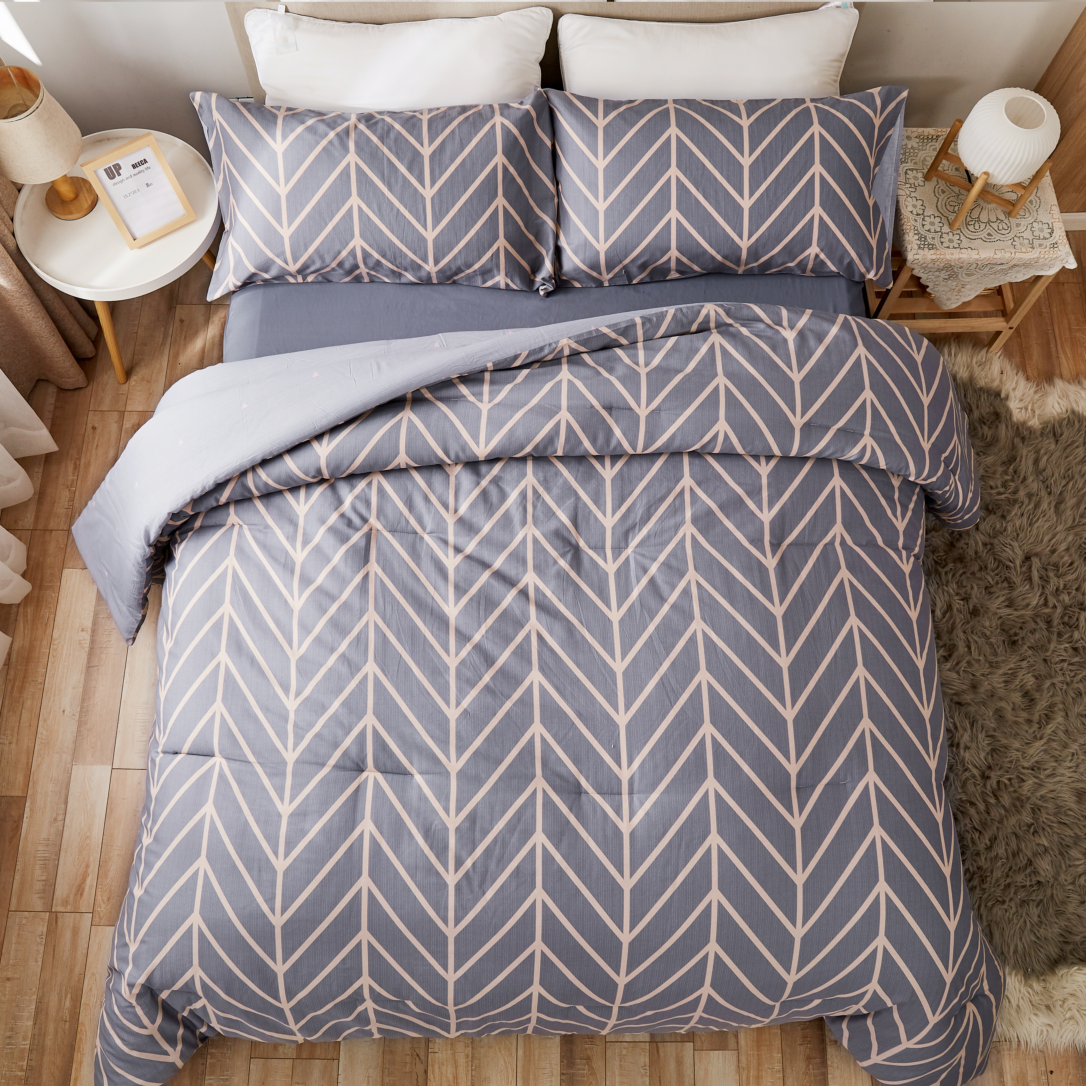 Peach Leaf Super Soft 100% Cotton 3-Piece Comforter Set with Shams, King, Grey Chevron