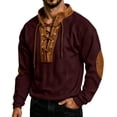thumbnail image 3 of SHIXINCHIL Men's Lace Up Color Block Patchwork Long Sleeve Sweatshirts Big and Tall Casual Fashion Banded Collar Pullover Tops Workout Athletic Outdoor Hiking Sweatshirt Wine S, 3 of 7