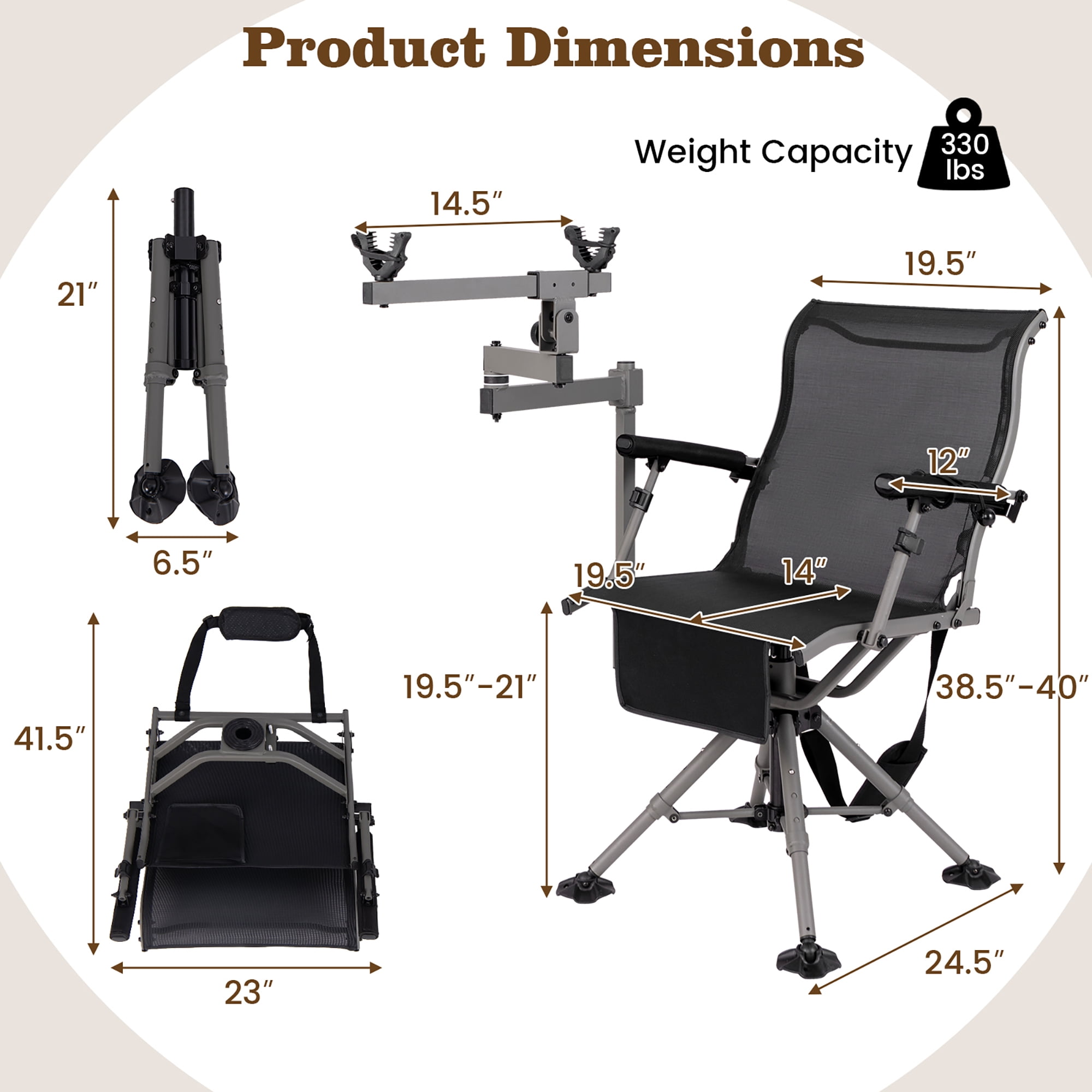 Gymax Portable Hunting Chair w/360° Swivel Adjustable Legs & Armrests Gun Holder