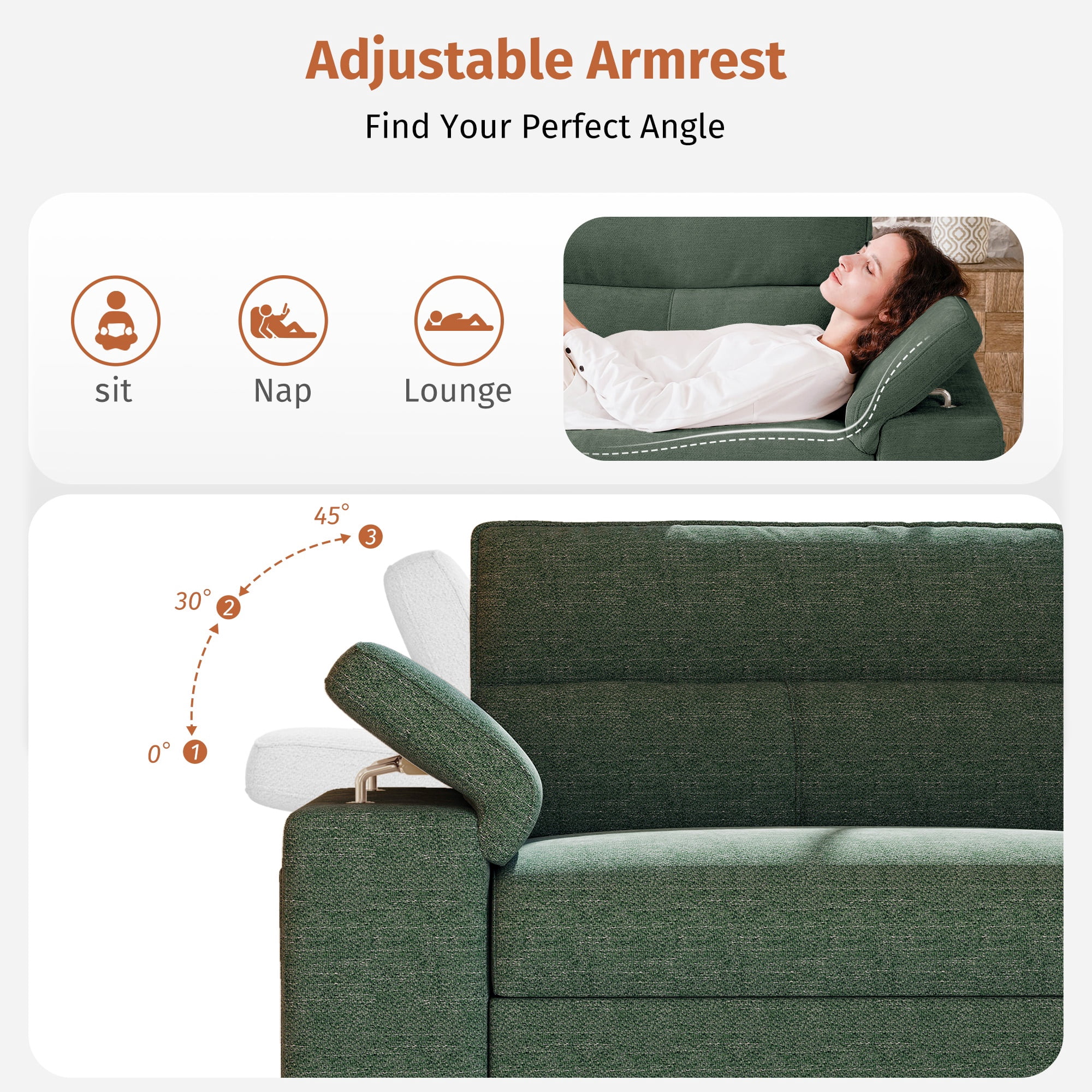 88" Loveseat Sofa with Storage Ottoman Adjustable Armrest 3-Seat L-Shaped Sectional Couch for Living Room Green