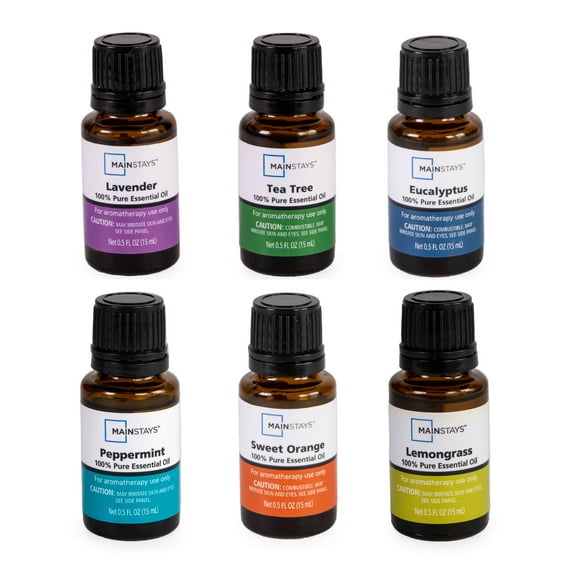 Mainstays 15mL Essential Oil Set 6PK Eucalyptus, Lvnder, Lmngrass, Sweet Orange, Peppermnt, Tea Tree