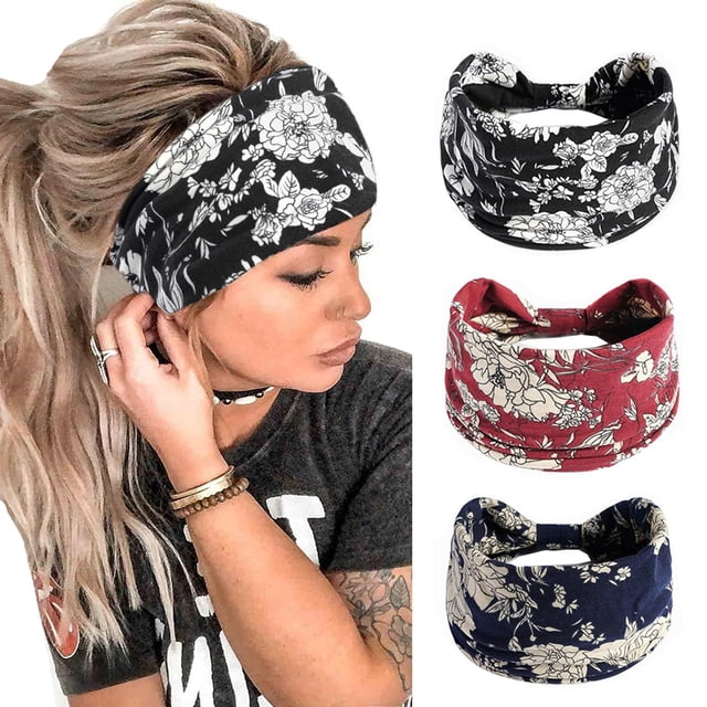 K-Elewon Paquete de 3 diademas elásticas anchas para la cabeza para mujer, banda para el cabello deportiva para yoga (paquete de 3 (A07))
