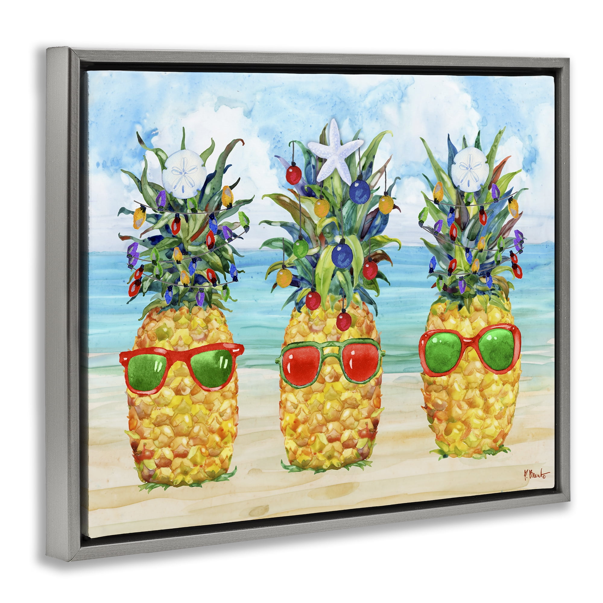 Stupell Industries Christmas Themed Pineapples Holiday Painting Gray Floater Framed Art Print Wall Art, 21 x 17