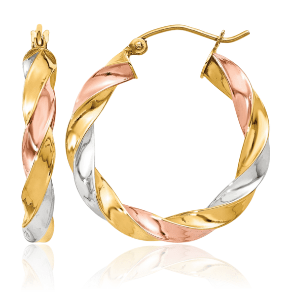14K Solid Tri Color Pink White Yellow Gold Twisted Round Medium Hoop Earrings