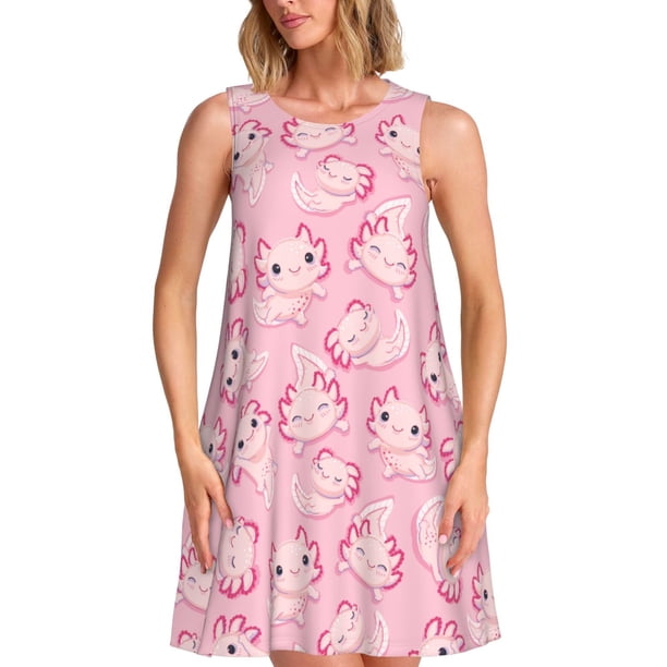 Easygdp happy baby axolotls para Vestido Transpirable de Mujer, Vestido Suelto de Manga Corta con Pliegues y Bolsillos para el Verano