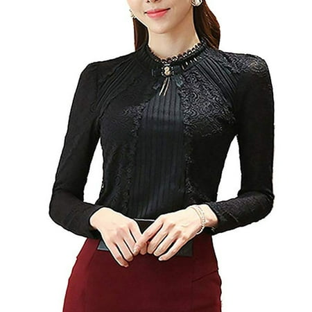Beaded Lace Top - Women's Vintage Beaded Buttons Pleated Shirt Long Sleeve Lace Stretchy Blouse