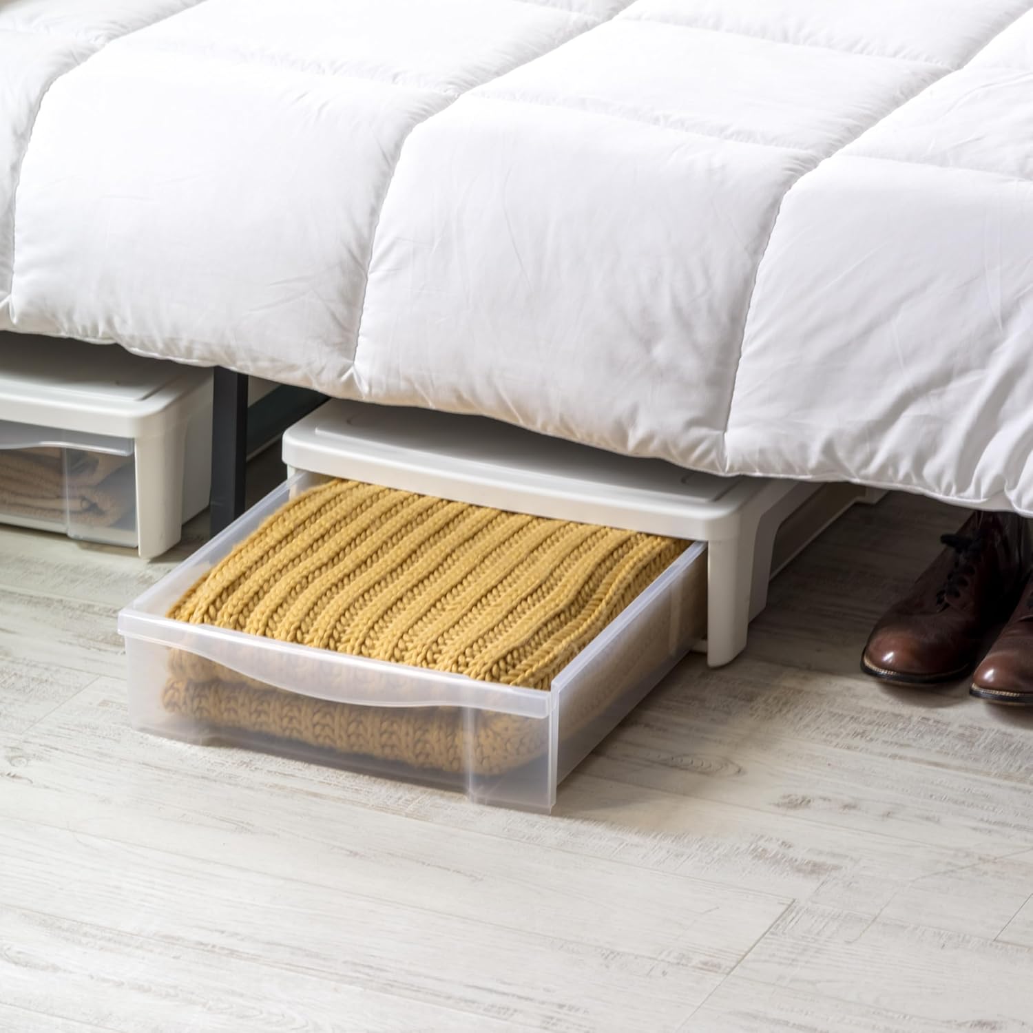 IRIS 22 Qt Underbed Storage Stackable Organizer Bin Container with Sliding Drawer, White, 2Pk