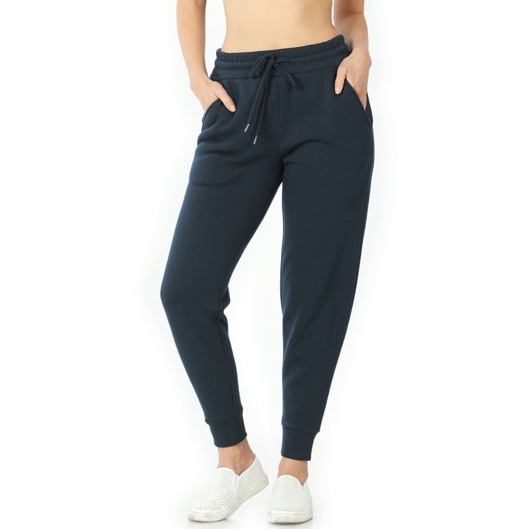 Women's Sweatpants Navy Blue Joggers - Workout Pants Elastic Waistband ,  cuff, Draw String , Side Pockets 