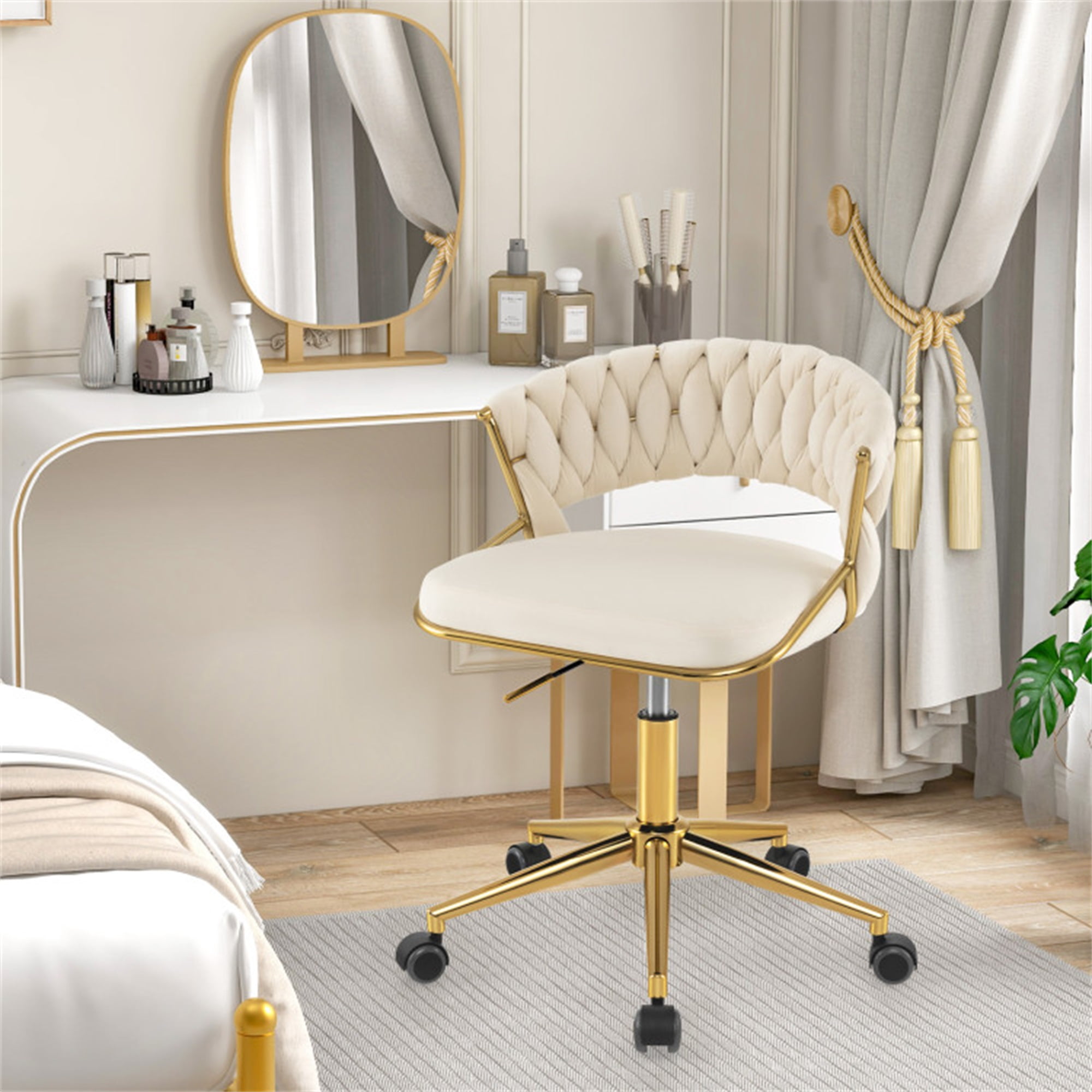 Demi Bonn 360° Height Adjustable Swivel Upholstered Desk Computer Chair with Hand-woven Back for Home, Bedroom, Study, Beige