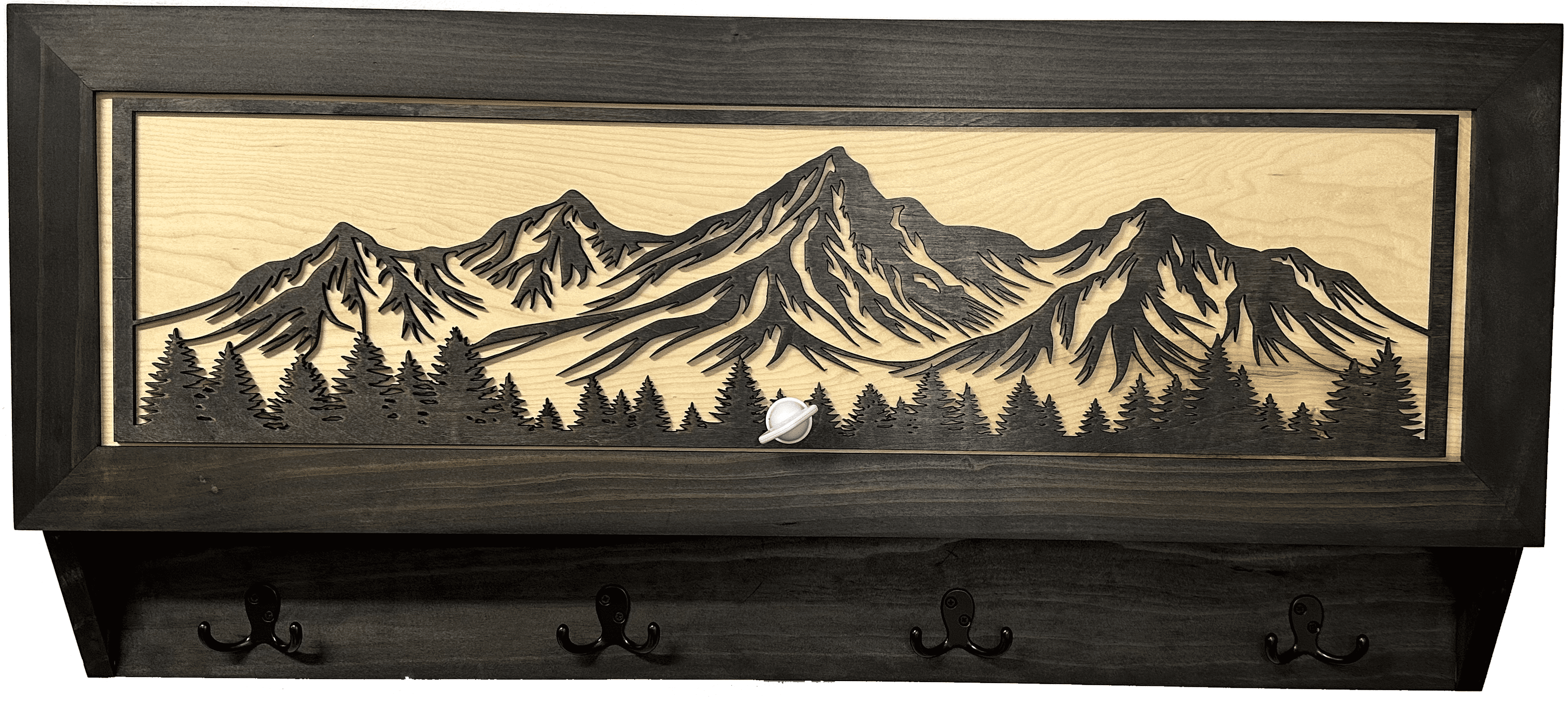 Secure Gun Cabinet with Rustic Mountain Theme Black and Natural Wood Coat Rack