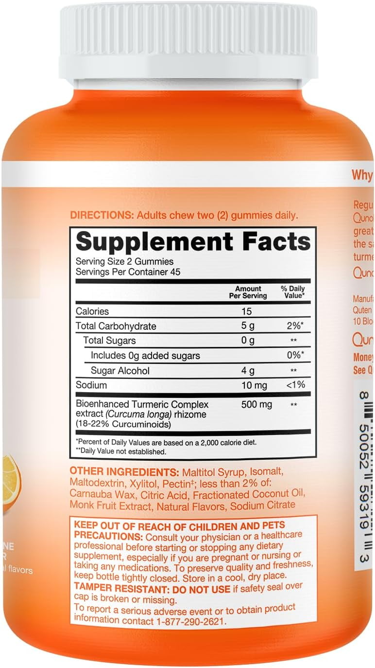 Qunol Zero Sugar Turmeric Gummies, Gummy with 500mg Turmeric Curcumin, Joint Support Supplement, Ultra High Absorption Tumeric Curcumin, Vegetarian, Gluten Free, 90 Count