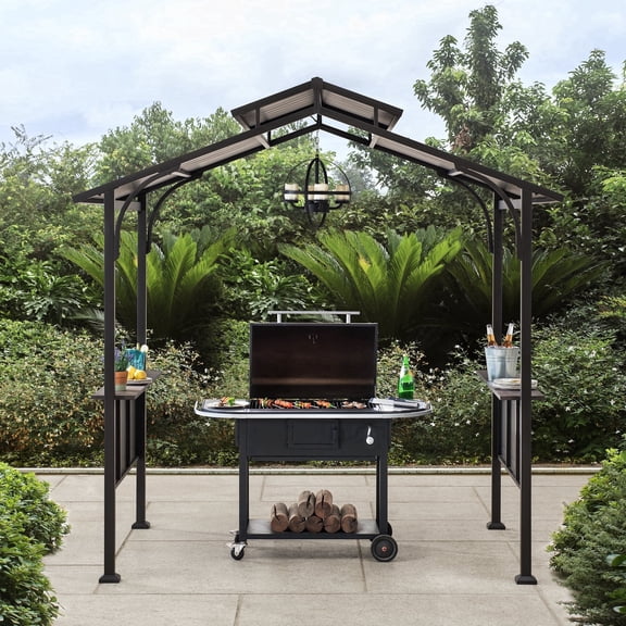 Sunjoy 8 ft. x 5 ft. Outdoor Grill Gazebo Brown 2-Tier Steel Hardtop Small Gazebo with Hook and Shelves