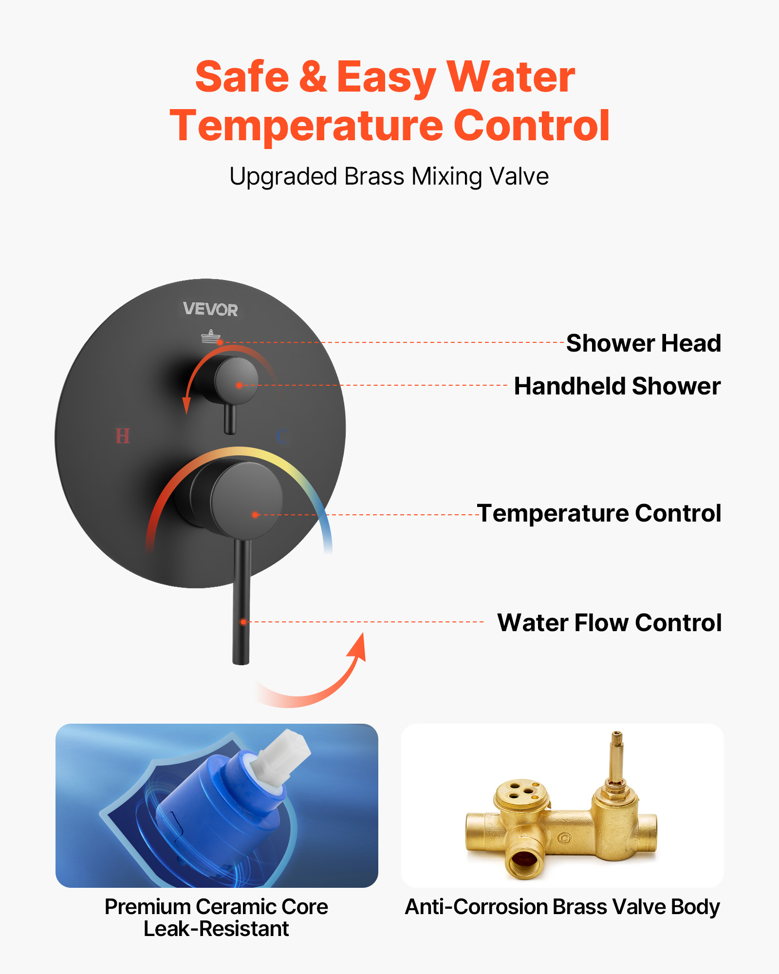 VEVOR Shower Faucet Set, Rainfall Bathroom Shower System with 8-Inch Round Rain Shower Head and Handheld Spray, Wall Mounted Bath Fixtures with Brass Valve and Trim Kit, Matte Black