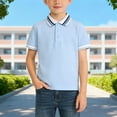 thumbnail image 2 of HAOTAGS Short Sleeves Polo Shirts for Boys,Button Casual Striped School Uniform Shirts Blue 14-15 T, 2 of 4
