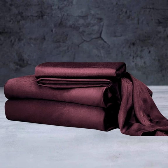 Mulberry Silk Satin Sheet Set 4 Pc 1 Flat Sheet 1 Fitted Sheet 2 Pillowcases 15 Deep Pockets Wrinkle-Resistant for King Bed Mehroon Wine Su Qu