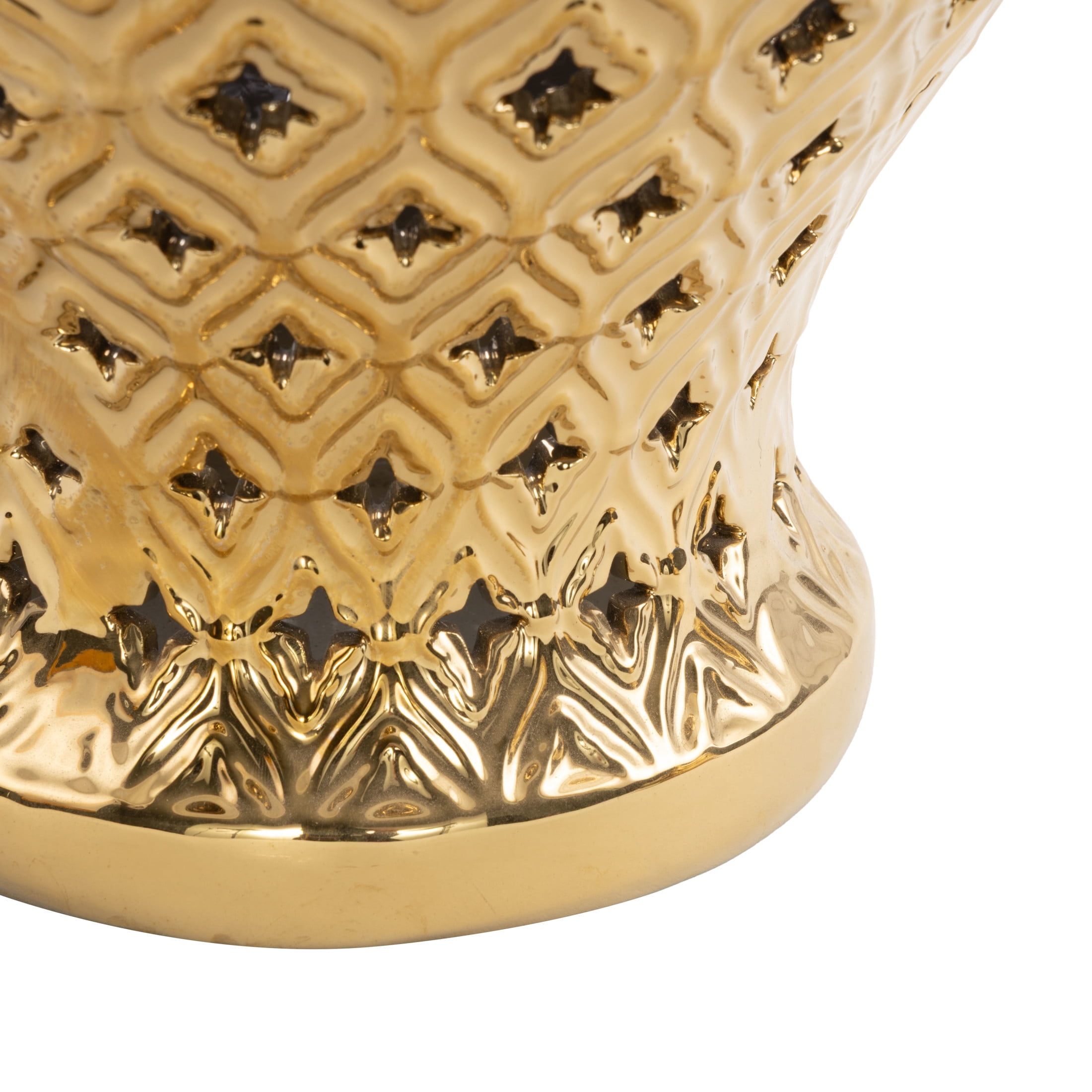 DecMode 10" x 18" Gold Ceramic Decorative Jars with Geometric Cutout Design and Lid, 1-Piece