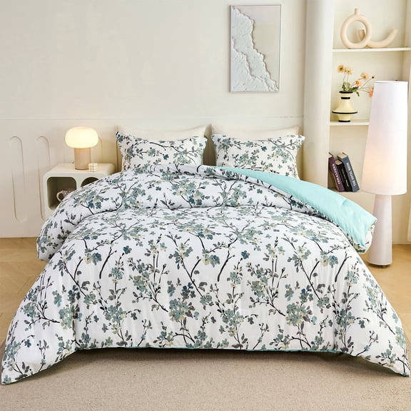 Floral Comforter Set Green and White Queen Size, Soft Microfiber, All-Season 3-Piece Bedding Set for Adults & Teens
