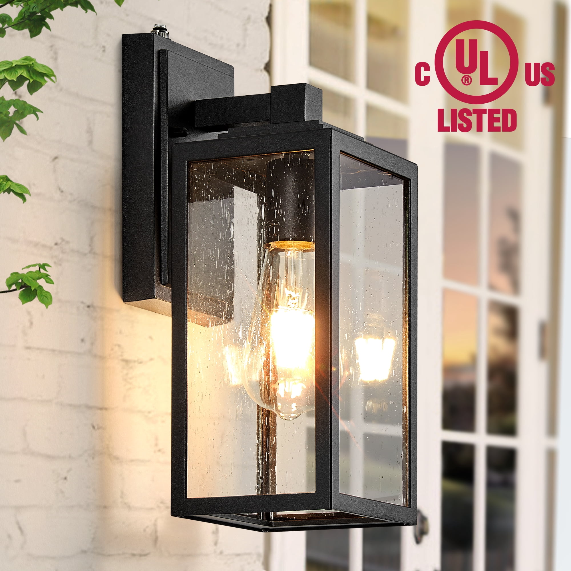 VIANIS Dusk to Dawn Outdoor Porch Lights Wall Mount, Modern Black Outdoor Wall Sconce Lanterns, Anti-Rust Waterproof Exterior Lights Fixtures for House with Tempered Seeded Glass Shade