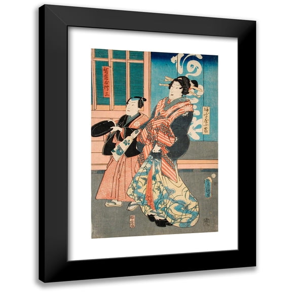 Utagawa Kunisada (Toyokuni III) 11x14 Black Modern Framed Museum Art Print Titled - Ofuji of Omiya and Her Servant Tsuruya Denzo (1856)