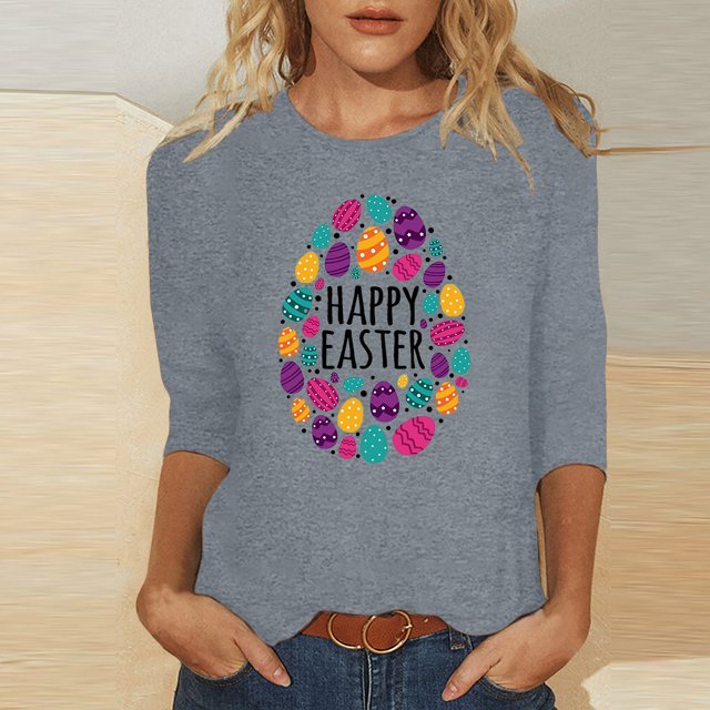 EGNMCR Easter T-Shirt Imprimé Graphique pour Femmes, Mode Décontractée de Noël, Col Rond, Manches 3/4