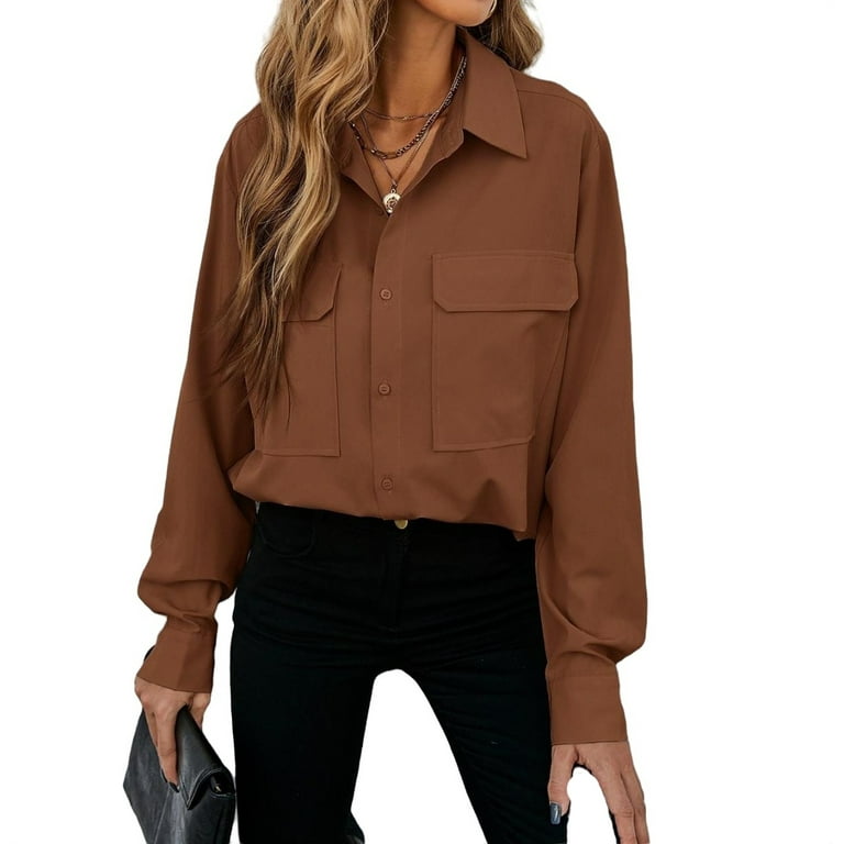 Womens Blouse Tops Flap Pocket Button Front Shirt Brown L 