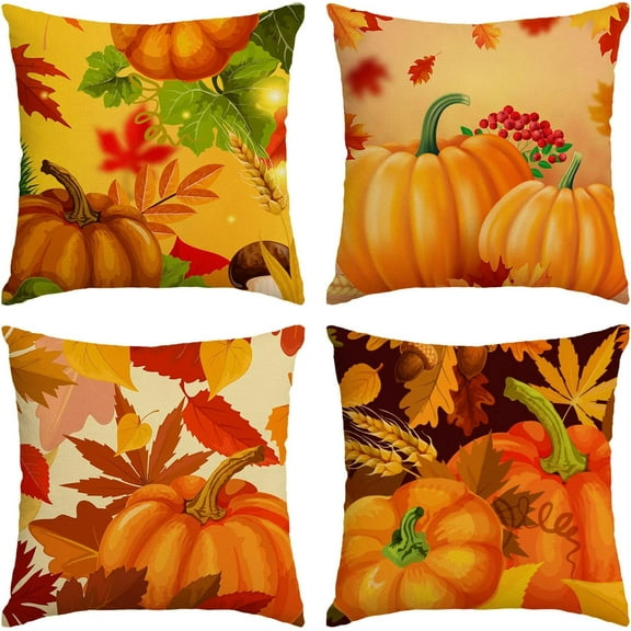 Set of 4 Fall Pillow Covers 16x16 Inch Fall Thanksgiving Pumpkins Throw Pillows Covers Autumn Leaves Decorative Cushion Covers Outdoor Sofa Couch Pillow Cases Fall Halloween Decorations (16 by 16)