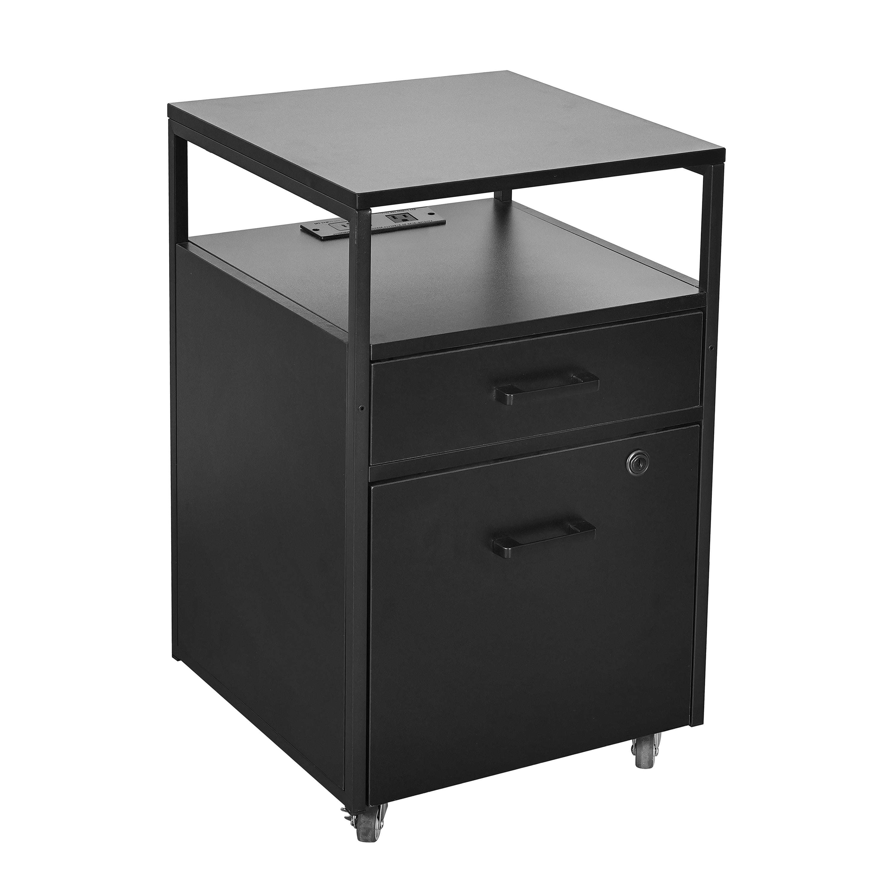 Modern 2-Drawer Rolling File Cabinet with Lock, 2 USB Ports and Power Outlet for Device Charging, Portable File Organizer or Printer Stand for Office or Home with Locking Wheels, Black