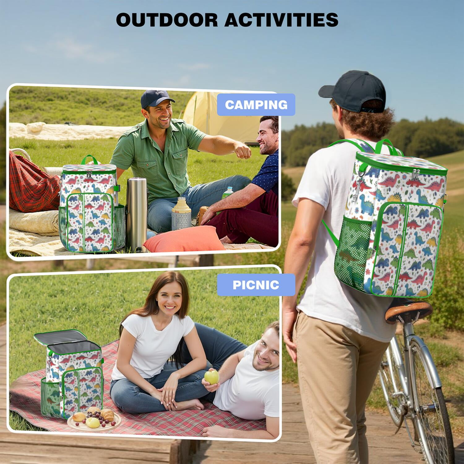 Travel Cooler Bag - White Cartoon Dinosaurs Flowers Pattern Camping Beer Cooler Backpack with Bottle Opener- Waterproof Insulated Picnic Backpacks - Cooler Bag for Beach