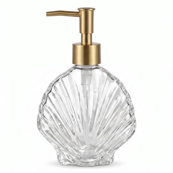Beach Seashell Shaped Soap Dispenser Clear Glass Lotion Dispenser with Pump Refillable Liquid Hand Soap Dispenser for Bathroom Kitchen Vanity Countertop Coastal Ocean Decor 10Oz(Gold)