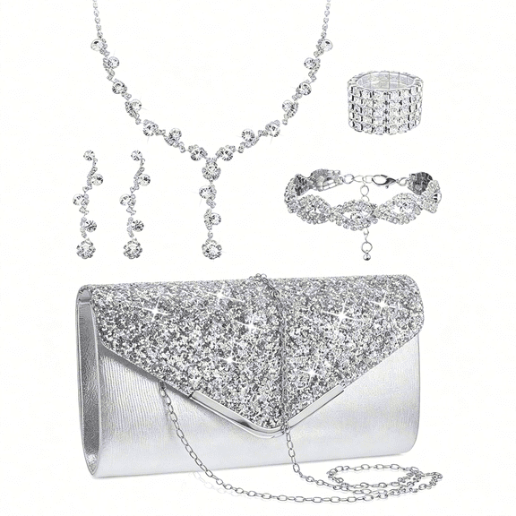 DESIGNICE 5 Pcs Purse Rhinestone Jewelry Set Prom Jewelry Rhinestone Clutch Purse Necklace Earrings Bracelets for Women Bride