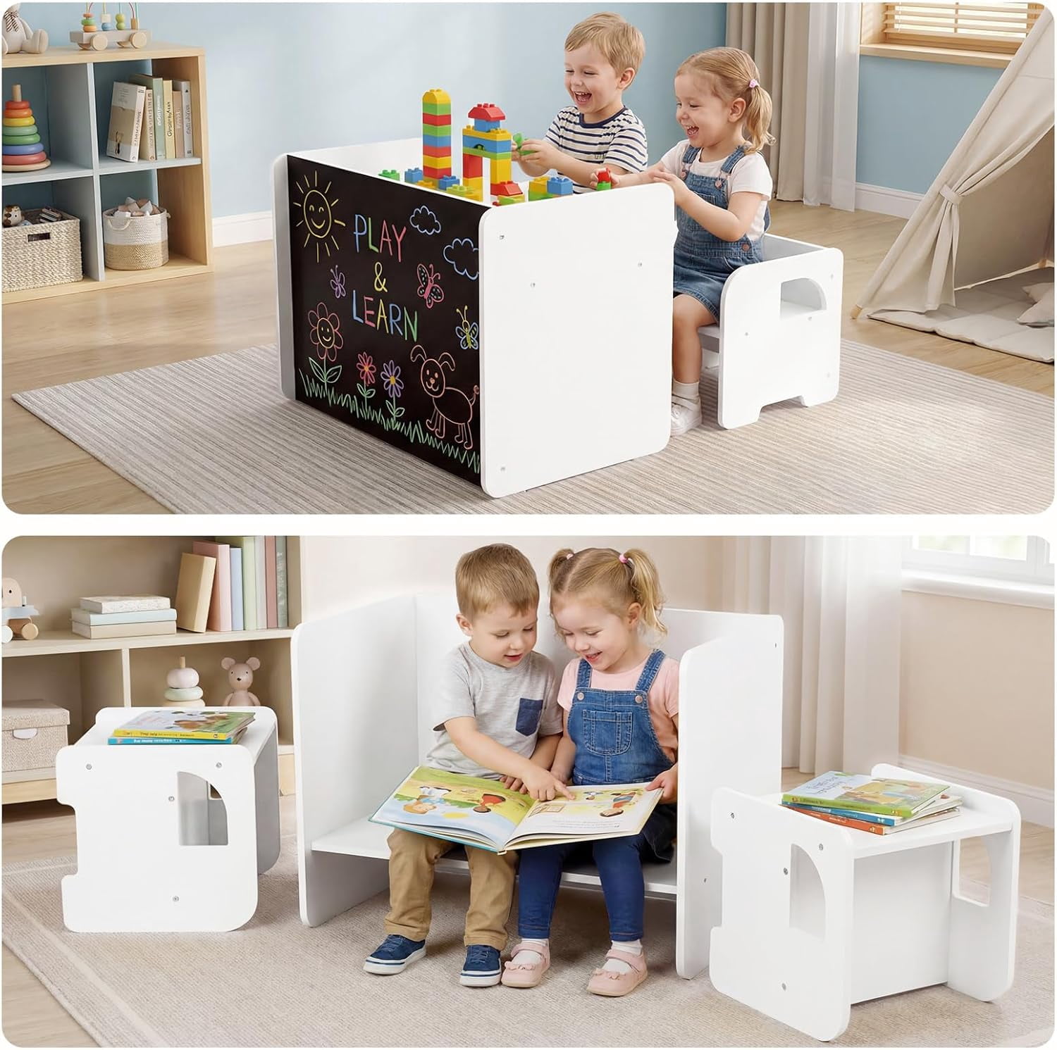 OLAKIDS Montessori Weaning Table and Chair Set, Adjustable Height Kids Activity Desk with Blackboard 2 Chairs for Toddler Aged 1-3, Ideal for Step Stool Drawing Reading