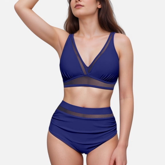 Swim Women's Two Piece Swimsuit with Mesh Trim Deep V Neck Bikini Top and High Waisted Ruched Bottoms - Large, Navy