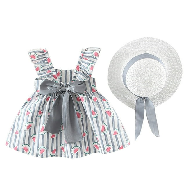 Robes pour Filles pour Enfants - Robe Froncée à Motif de Melon D\'eau à Nœud et Ensemble Jupe pour Tout-Petites, Tenue de Fête Florale Stylée pour Filles de 2 à 6 Ans