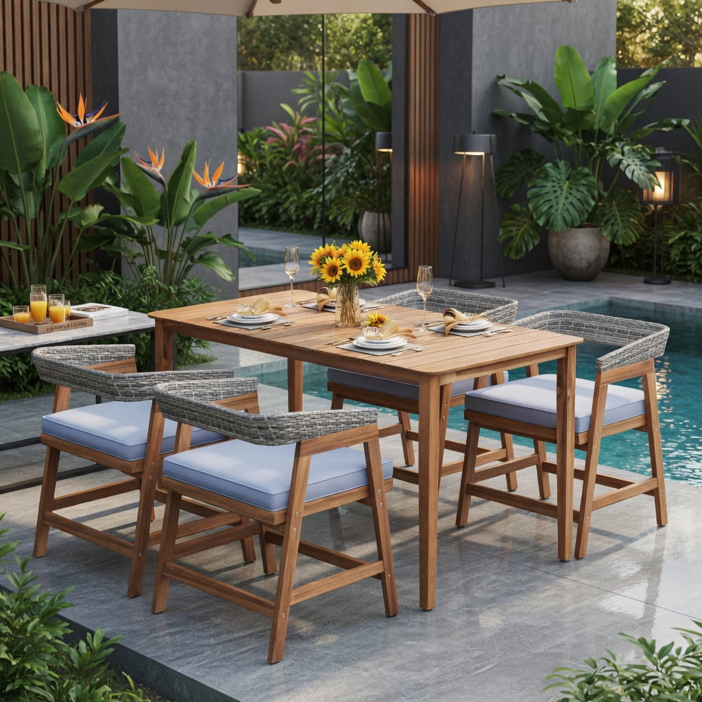 Hommoo 4-Piece Outdoor Dining Chair Set, Acacia Wood Frame with PE Rattan Weave & Cushions for Patio, Backyard, Poolside, Ergonomic Design, Gray