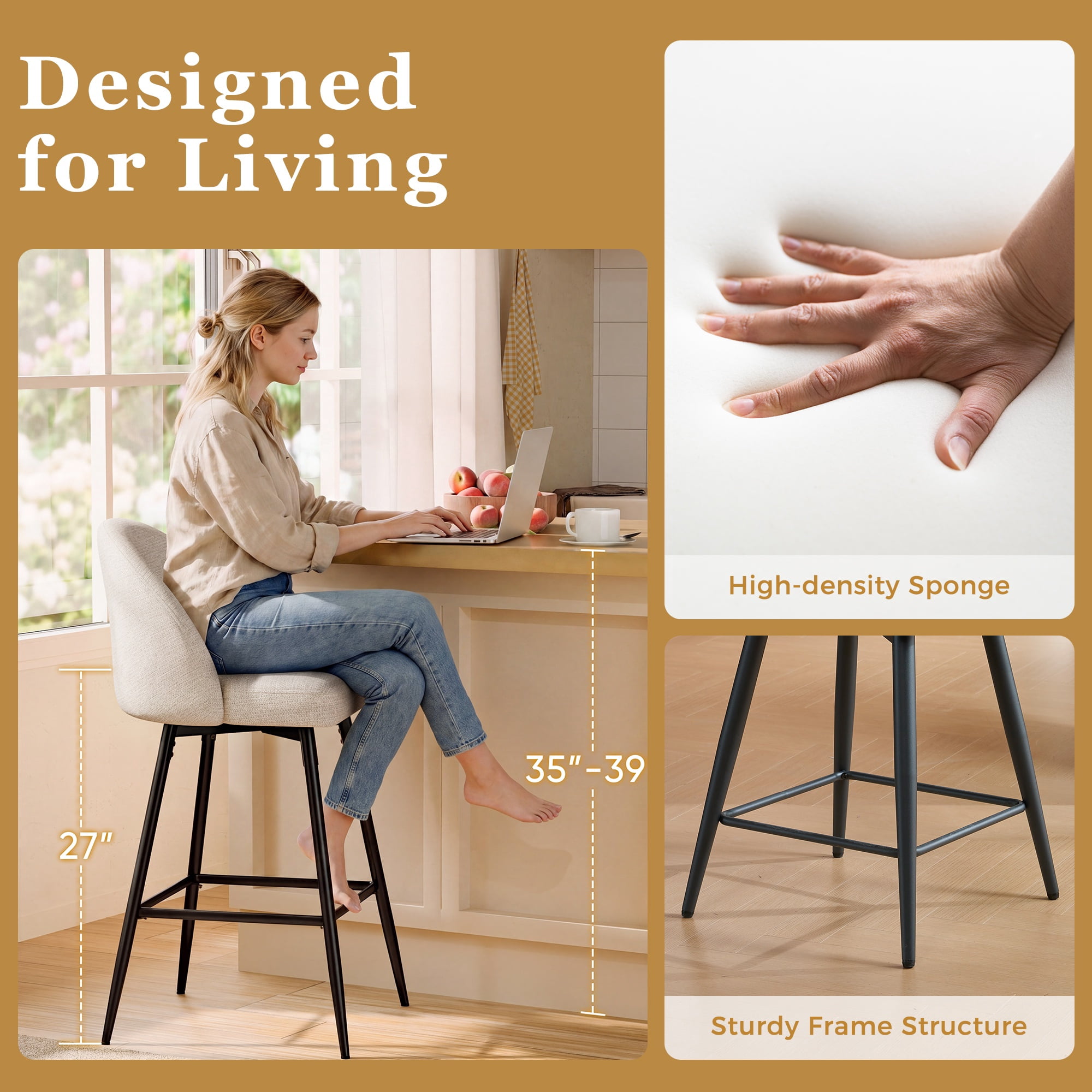 CDCASA Swivel Counter Height Bar Stools Set of 3, 27" Seat Height Modern Barstools with Back and Metal Legs, Chenille Upholstered Kitchen Island Chairs, Beige