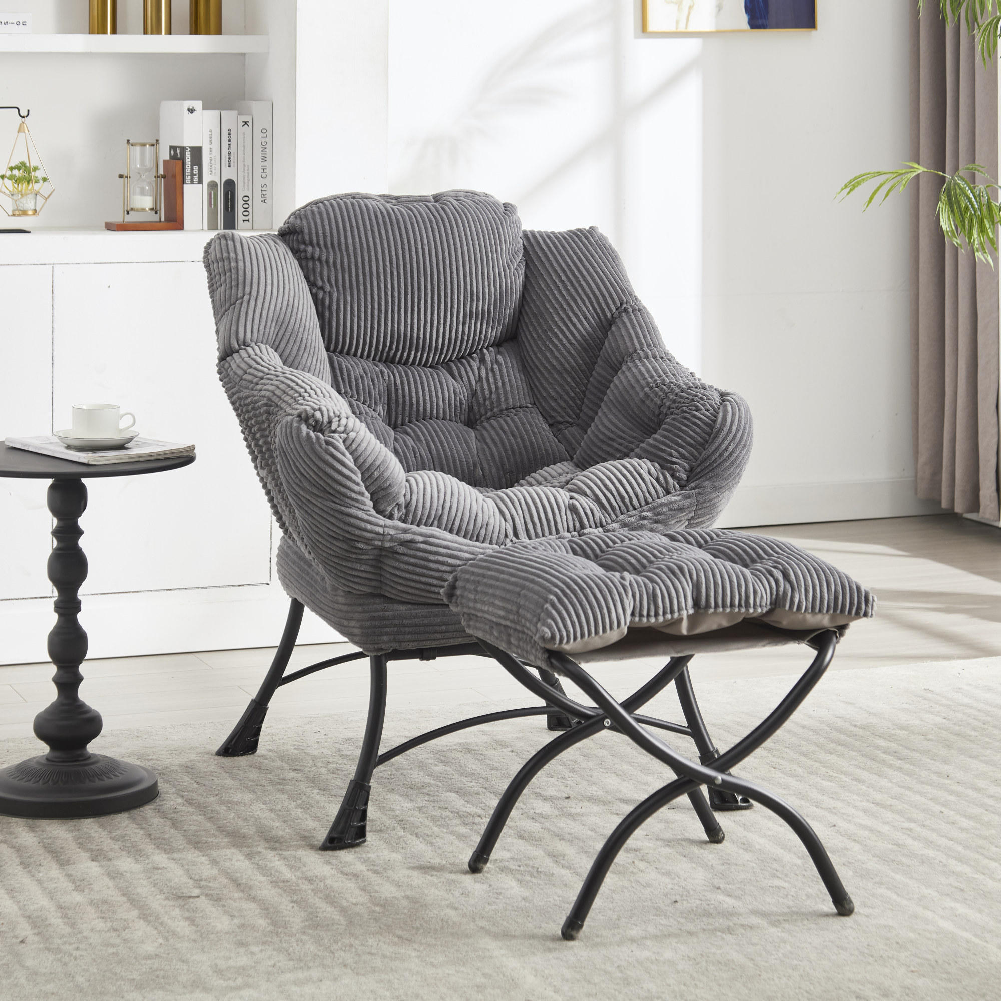 Leumius Lazy Chair with Ottoman, Modern Lounge Accent Chair with Armrests and a Side Pocket, Leisure Upholstered Reading Chair for Living Room Bedroom Office and Reading Room Grey