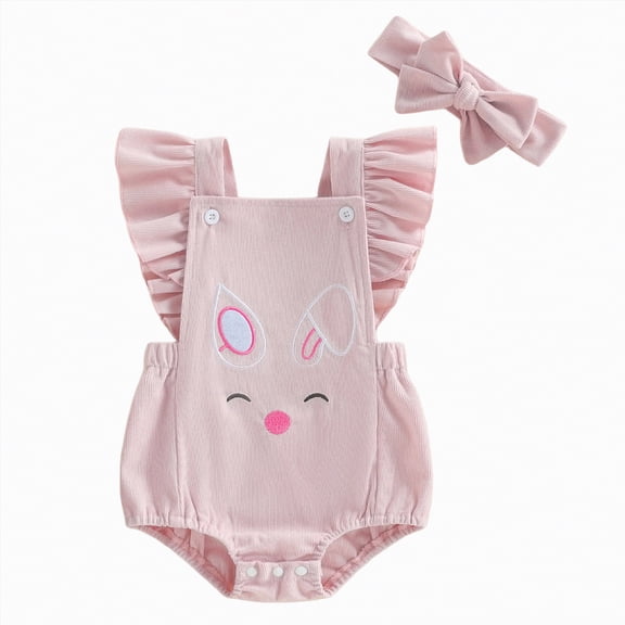 mgoYE My First Easter Baby Girl Outfit Newborn Summer Ruffle Romper Corduroy Sleeveless Jumpsuit Cute Easter Clothes with Headband(Red,0-3 Months)