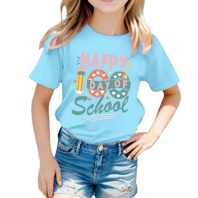 PMVFHDE T-Shirt Filles T-Shirts Hauts Filles T-Shirts Filles T-Shirt Décontracté Imprimé Col Rond Manches Courtes T-Shirt Décontracté Bleu Ciel, 6-7 Ans