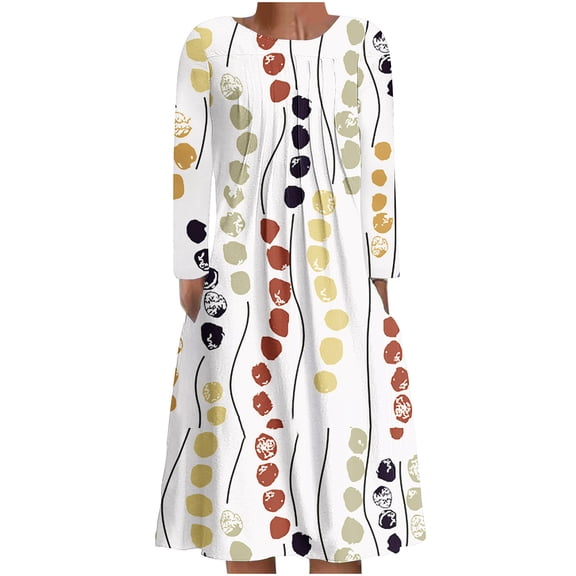 IROINNID Maxi Dress for Women Round Neck Long Sleeve Folding Floral Printed Dresses Deals,White