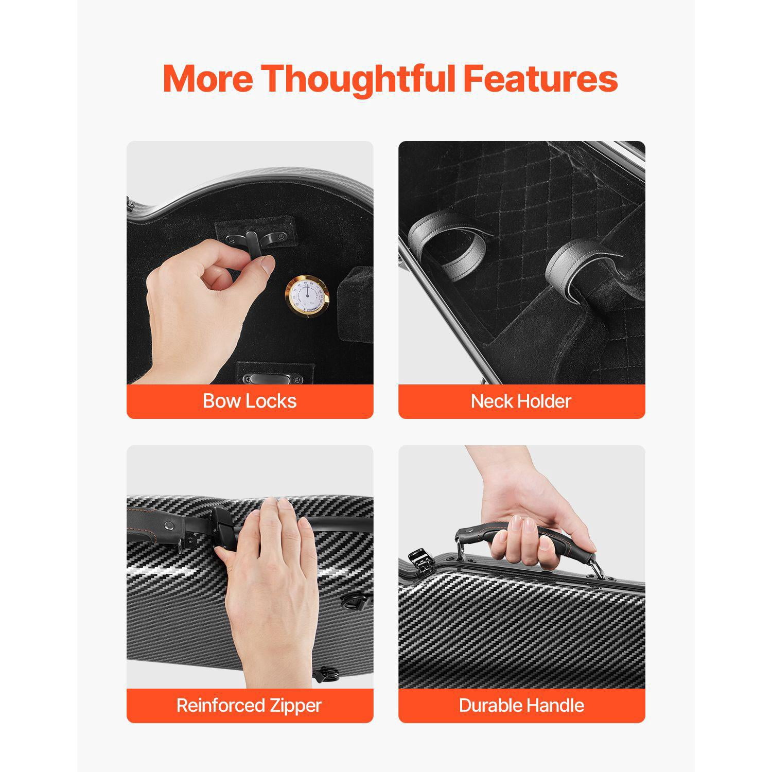 4/4 Full Size Violin Case with Built-in Hygrometer Lightweight Portable Travel Bag Plush Lining Dual Shoulder Straps Anti-Scratch Professional Triangular Shape Black
