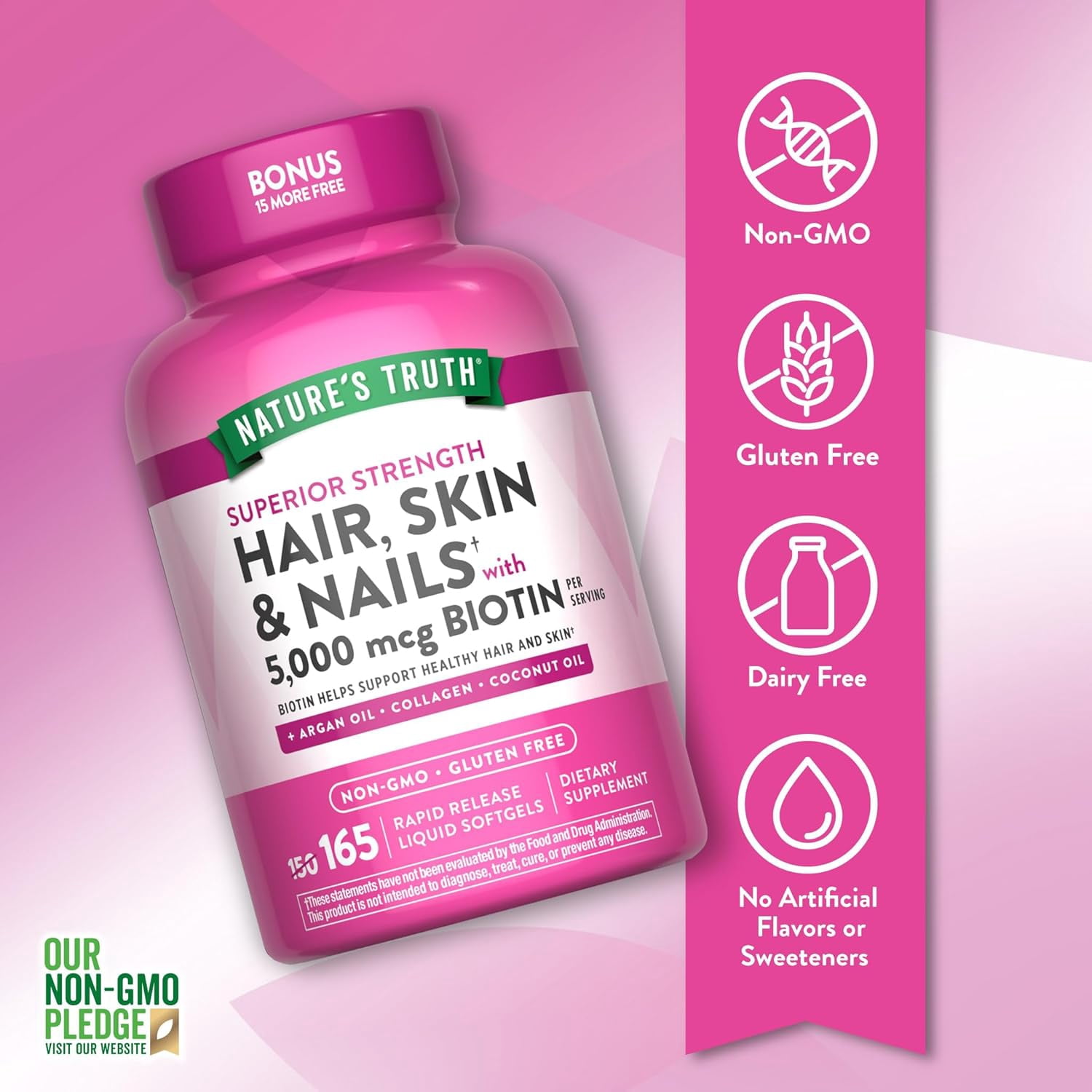 Hair, Skin & Nails Vitamin | 5000 mcg Biotin | 165 Softgels | with Collagen | by Nature's Truth