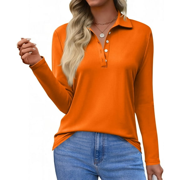 Womens Long Sleeve Polo Shirts Business Work Casual V Neck Collared Tops Button Down Loose Fit Tees Shirts Saffron S