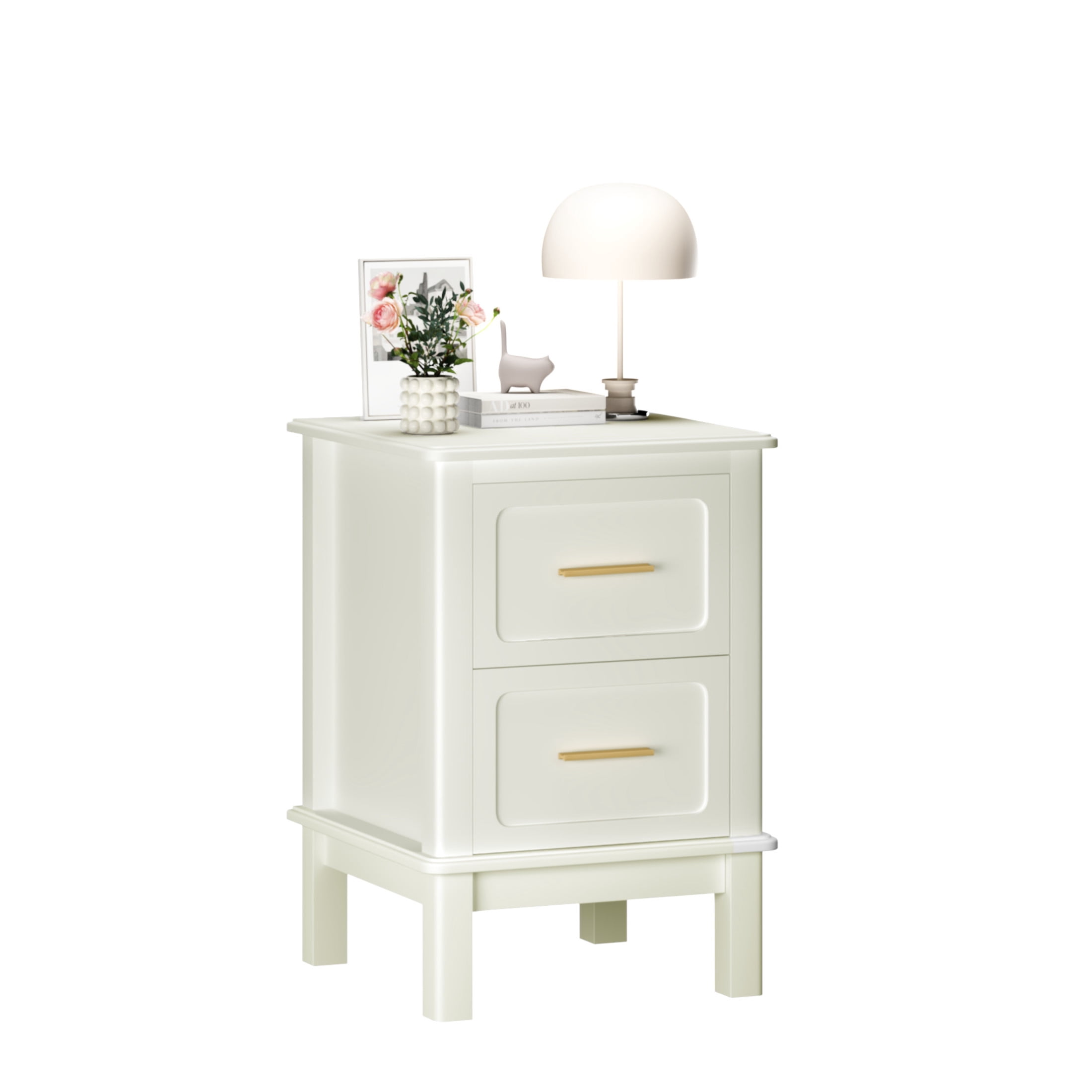 Noble House Misty 16" Modern 2-Drawer Nightstand with Gold Handles, Sturdy Accent Table for Small Spaces, Cream White