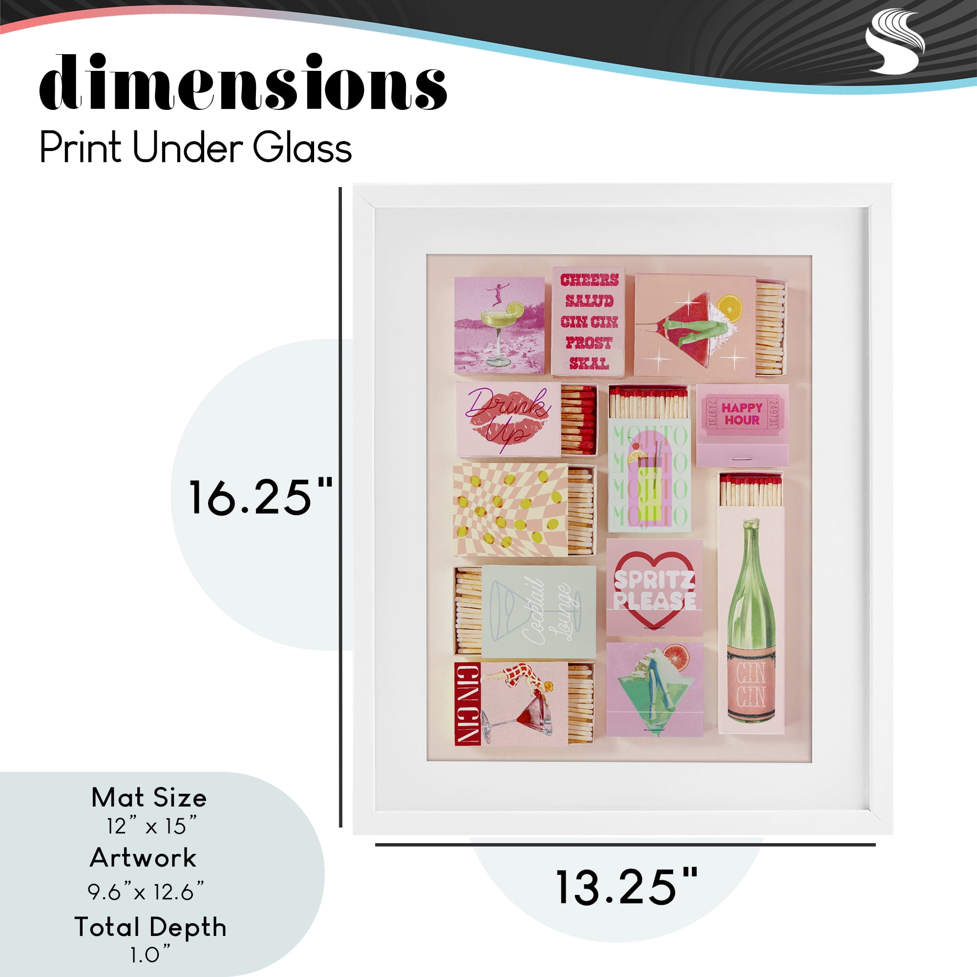 Glam Cocktails Retro Matches White Framed Print Under Glass, design by Lil' Rue