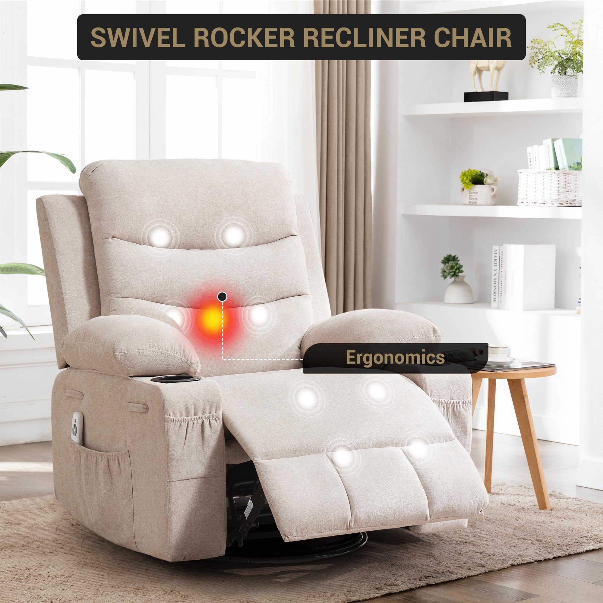 Recliner Chair Nursery, Oversized Manual Reclining Rocking Chair, 360 Swivel Glider with Cup Holder, Massage and Heat Recliner, Indoor Small Single Sofa Chairs for Adults RV Bedroom, Beige/Grey/Brown