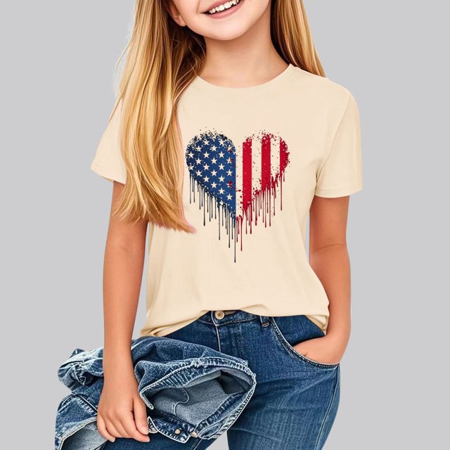 hengsof T-Shirt Imprimé à Thème Patriotique pour Filles, Manches Courtes, Col Rond, Ample et Confortable, Adapté aux Enfants de 2 à 13 Ans