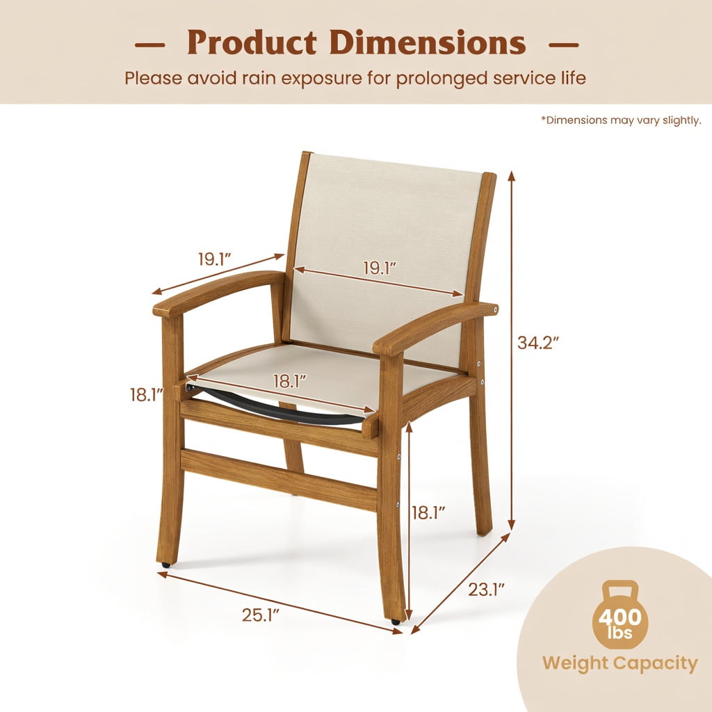 Hommoo 2-Piece Acacia Wood Patio Dining Chairs Set, Breathable Fabric Seat & Back, Outdoor Armchairs for Deck, Patio or Poolside, Natural+Beige