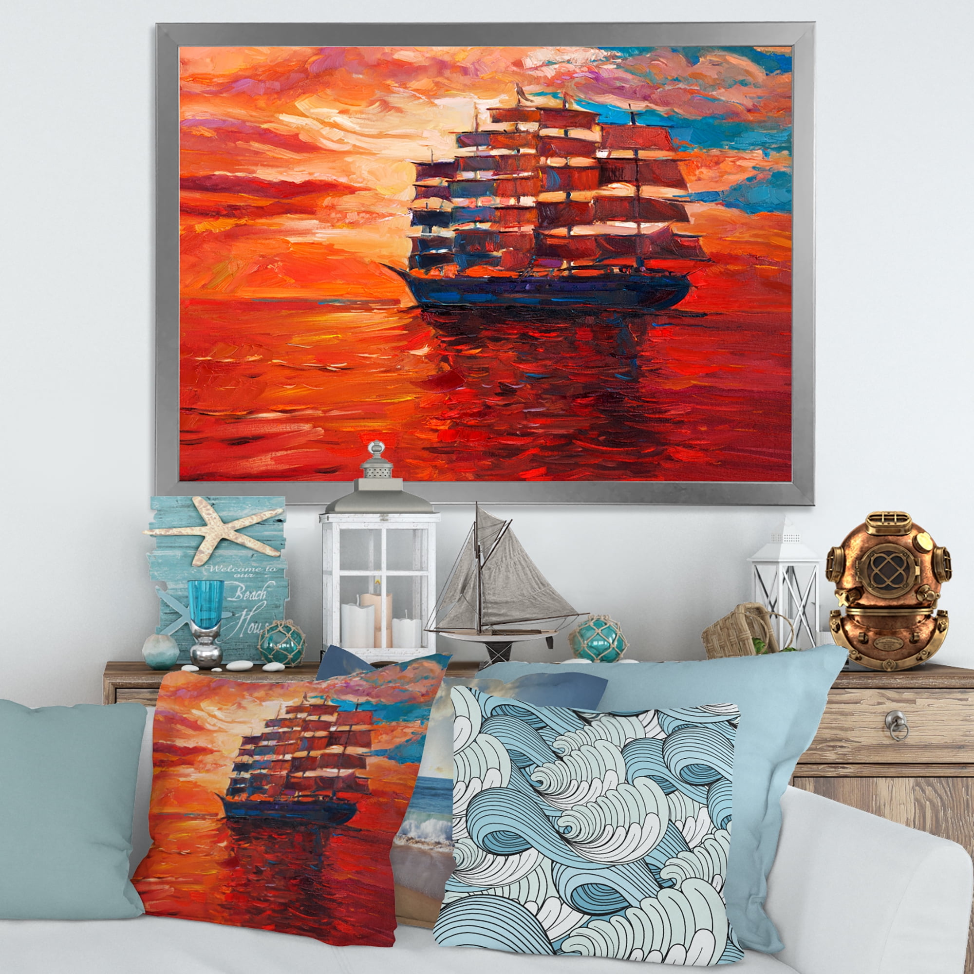 Frigate During Red Evening Glow On The Ocean Horizon 40 in x 30 in Framed Painting Canvas Art Print, by Designart