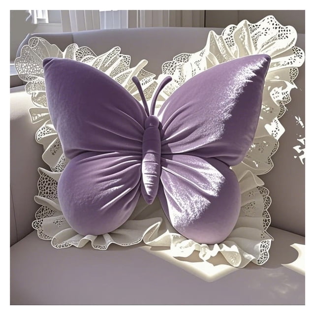 Elegante almohada en forma de mariposa con ribete de encaje, funda de cojín decorativa for dormitorio